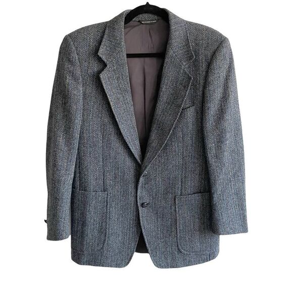 HARRIS TWEED Vintage Hand Woven Wool Sports Coat Jacket Blazer Navy Blue 40S - Picture 1 of 14